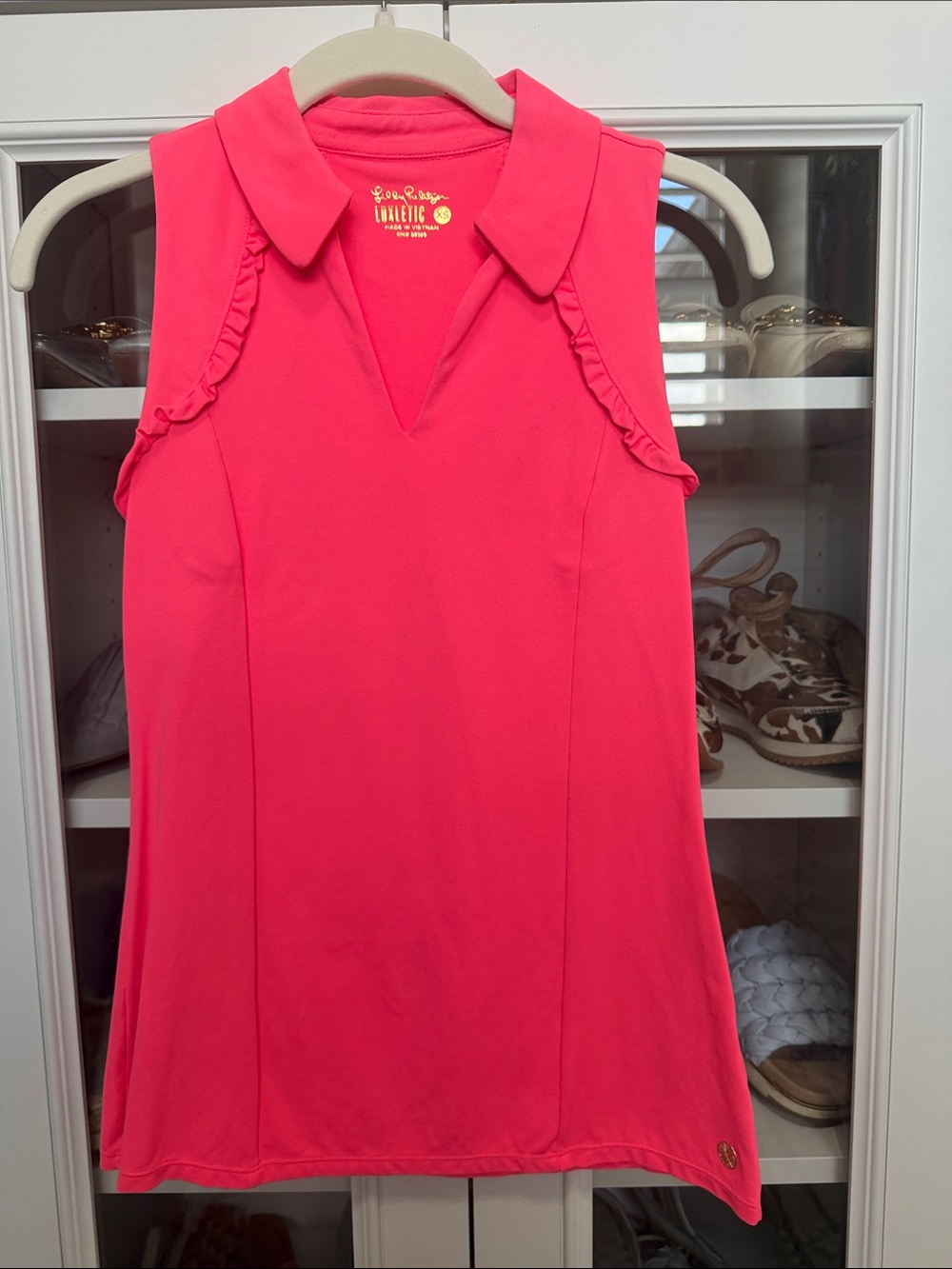 Lilly Pulitzer Hot Pink Collared Sleeveless Ruffle Trim Tank